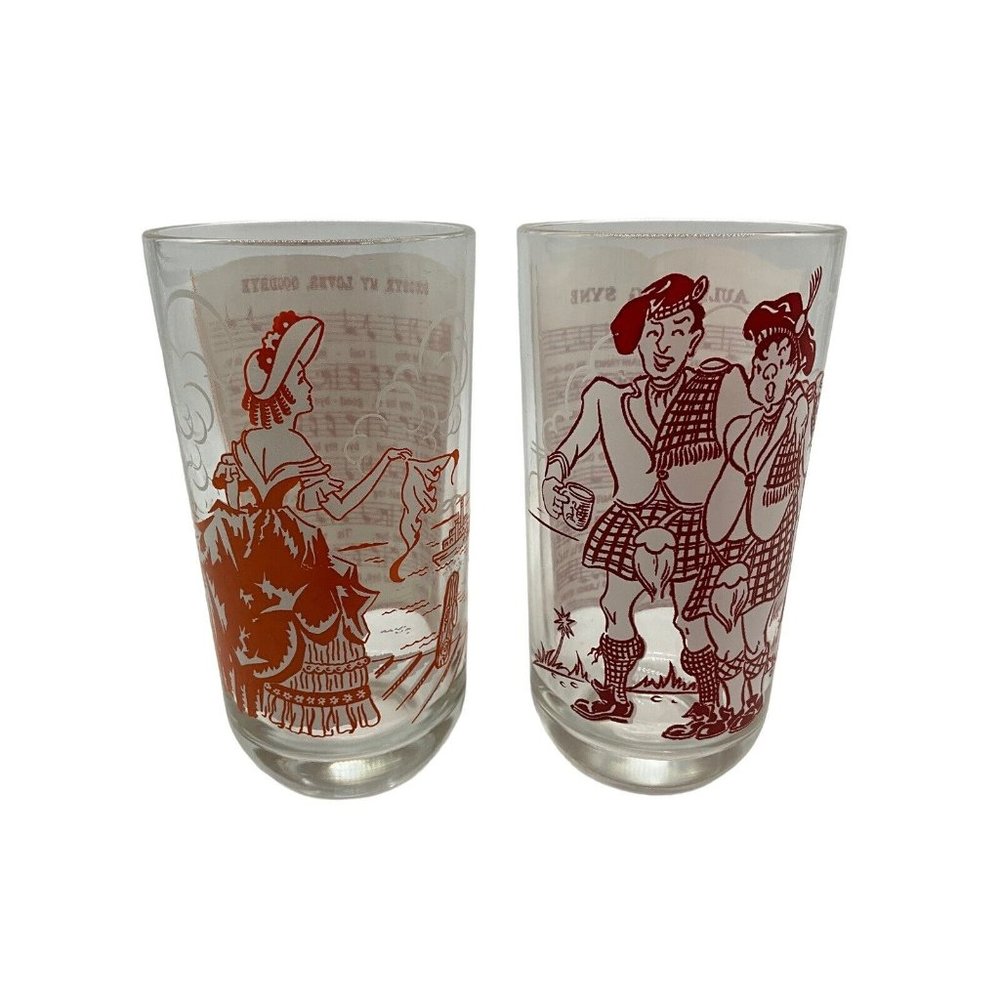 Big Top Peanut Butter Drinking Glasses 1950'S With Vintage Song Lyrics, set of 2